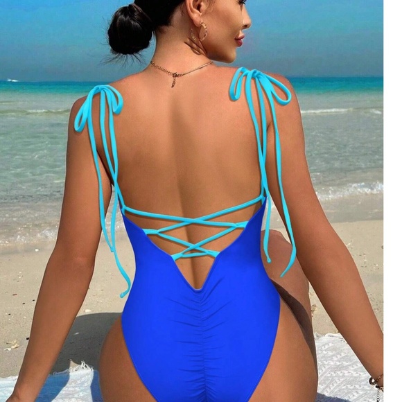 Shoulder Tie Criss Cross Back Monokini One Piece Swimsuit - Picture 6 of 8